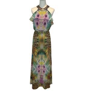 Bebe Women's Halter Maxi Dress Small Multicolor Watercolor Summer